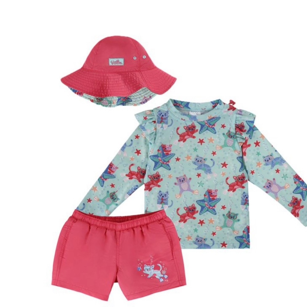 UV SKINZ UPF 50+ Girls 3-Piece Swim Set (4T, Scuba Cats)